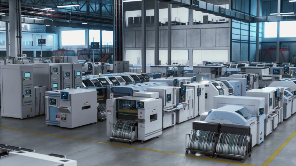 High-Tech Manufacturing And Electronics Production Factory, Featuring Advanced Robotics And Automation Technology In A Spacious Industrial Environment, Digitalization And Automation. Wide Shot