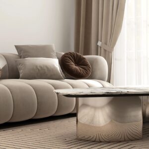 Luxury, elegant living room with beige cream sofa, marble coffee table in sunlight through window curtain on brown carpet floor